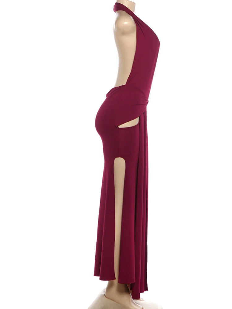 Maroon evening gown with a high slit on a mannequin against a white background