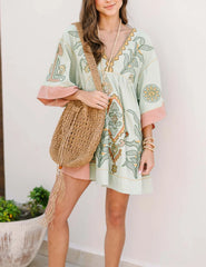 Floral Embroidered V-Neck Mini Dress