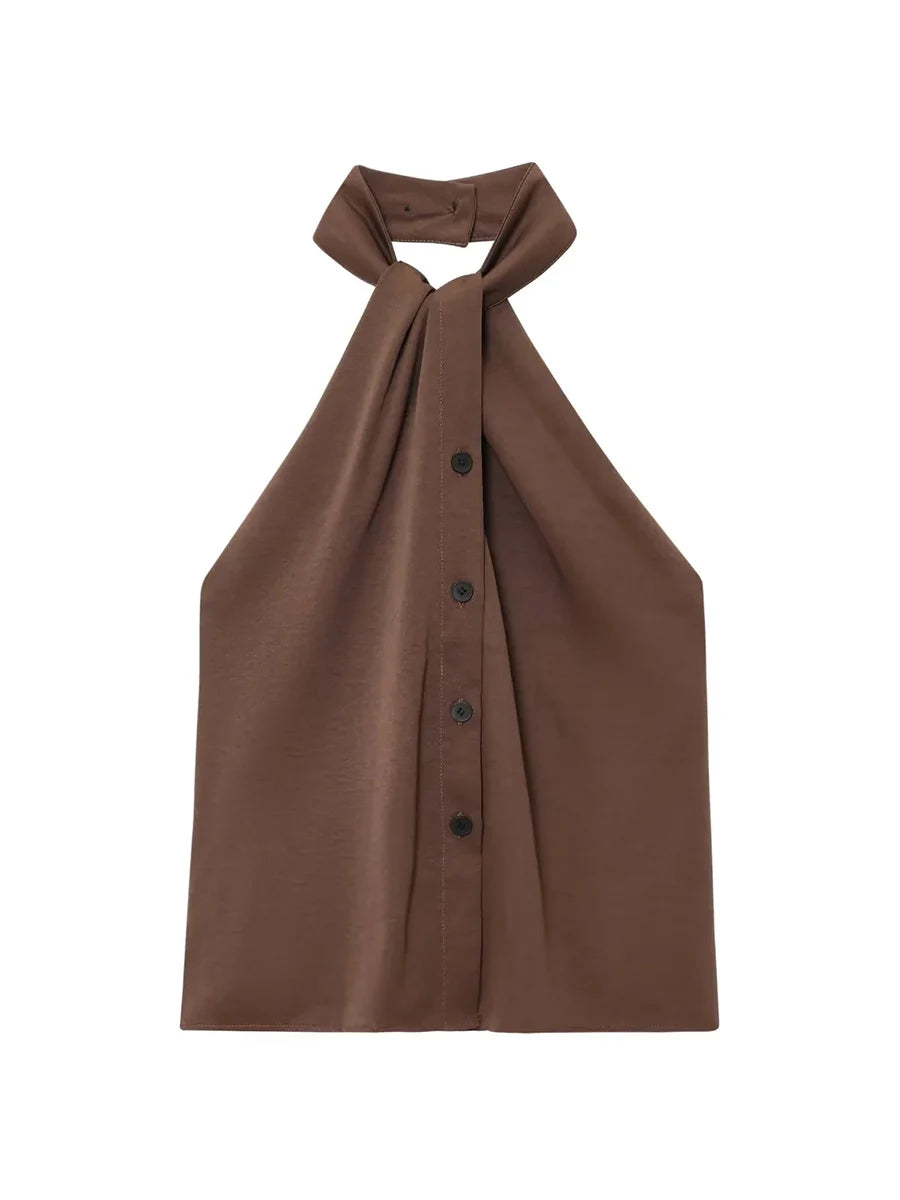 Brown halter top with buttons on a white background