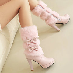 High Heel Boots Fur Tassel Bowtie Lolita Zip High Boots