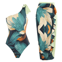 Tie-Strap V-Neck One-Piece Swimsuit with Matching Sarong Set