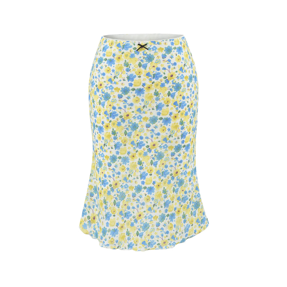 Yellow and blue floral print A-line midi skirt