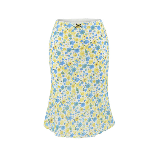 Yellow and blue floral print A-line midi skirt