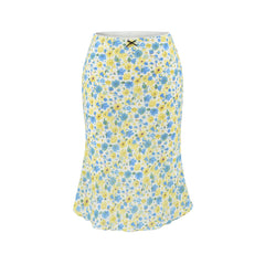 Yellow and blue floral print A-line midi skirt