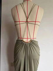 Halter Neck Chain Strap Cut Out Draped Maxi Dress