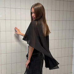 Black Sheer Cape Overlay High Neck Top