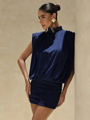 Navy blue halter neck ruched mini dress, front view