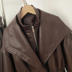 Faux Leather Jacket with Cinched Waist and High Neck Top