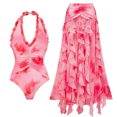 Ruffled Floral Print One-Piece Swimsuit and Maxi Skirt Set