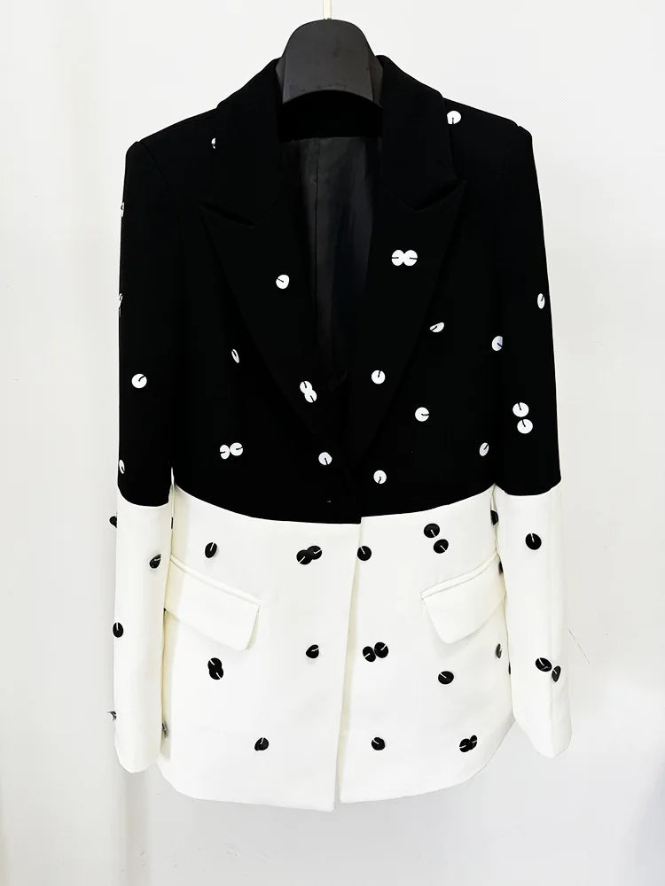 Black and white jacket with polka dot pattern 