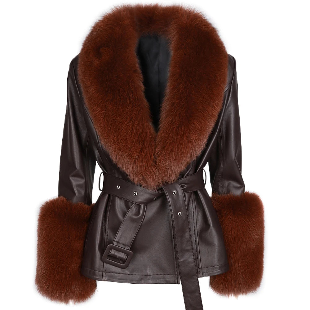 Black leather coat with brown fur collar and cuffs 