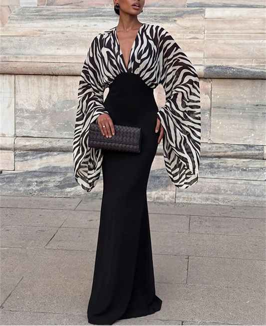 Zebra print V-neck maxi dress with long sleeves