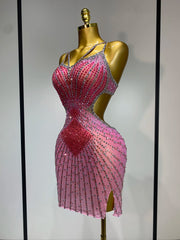 Side view of Sparkle Embellished Mini Dress with cut-out detail