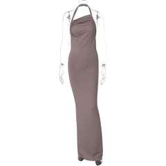 Long brown dress on a mannequin against a white background