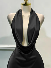 Satin Halter Neck Cowl Neck Mini Dress