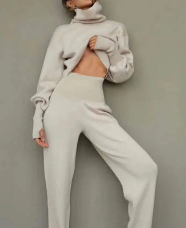Turtleneck Knitted Pullover Top and Sweater Pant Suit