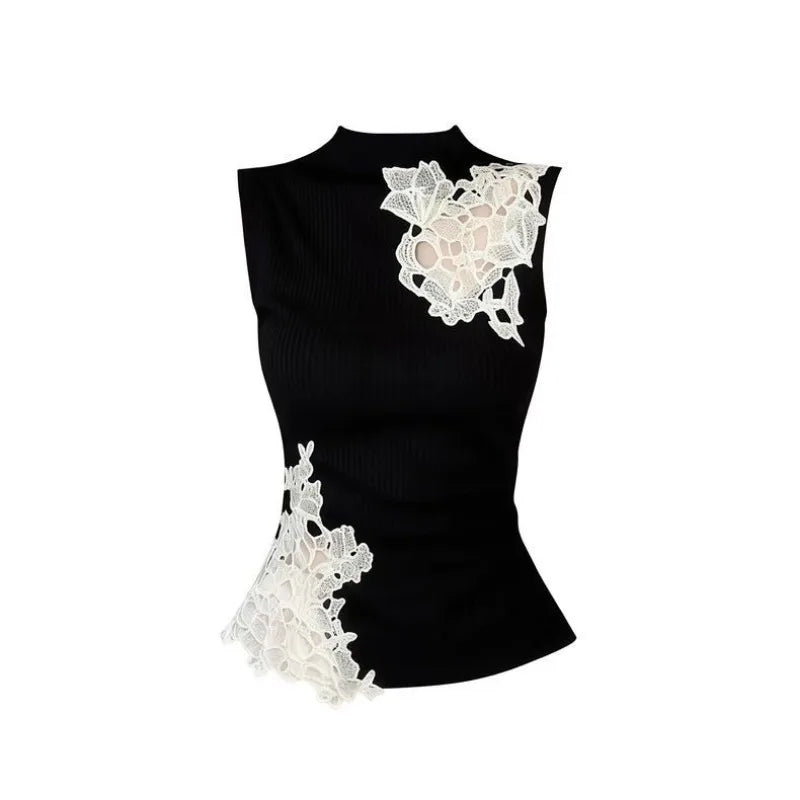 Mock neck lace patchwork tank top