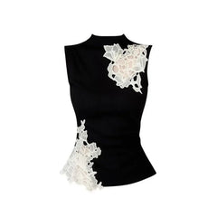 Mock neck lace patchwork tank top