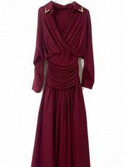 Ruched Waist V-Neck Long Sleeve Maxi Dress