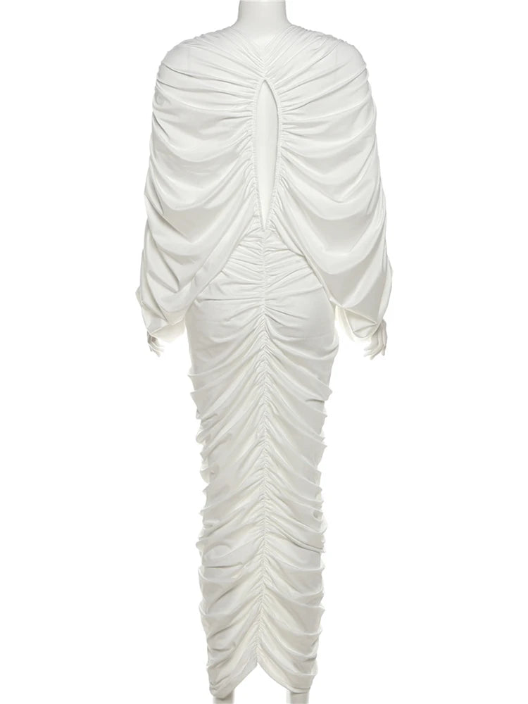 White ruched dress on a mannequin against a white background