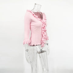 Pink Ruffled V-Neck Cardigan Top