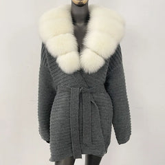 short belted knit coat with detachable fur collar
