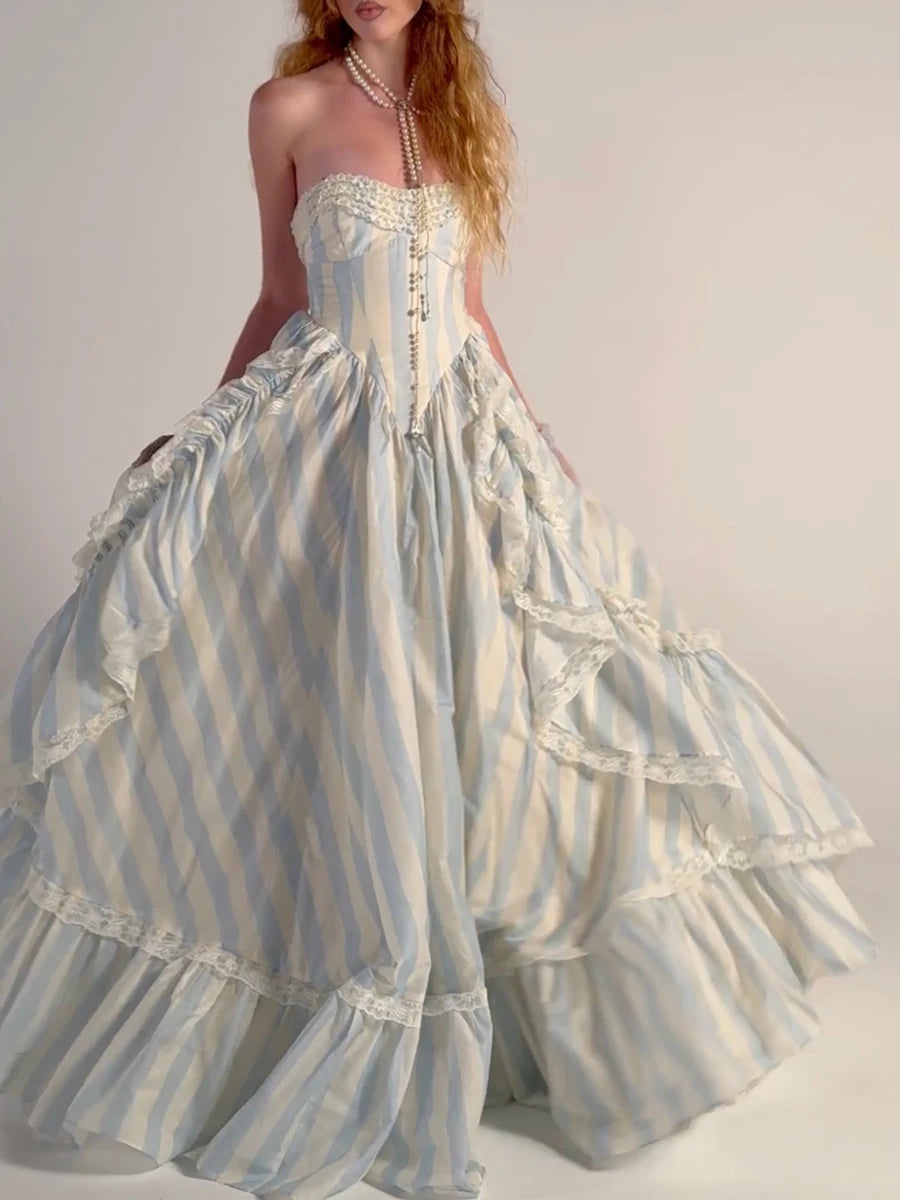 Strapless striped ruffled gown with cascading layers