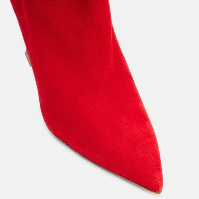 Close-up of a red pointed-toe shoe on a light gray background