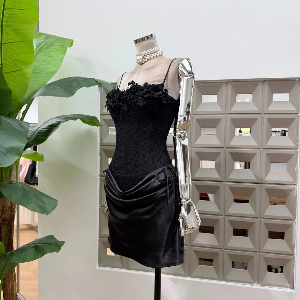 Black floral lace mini dress side view