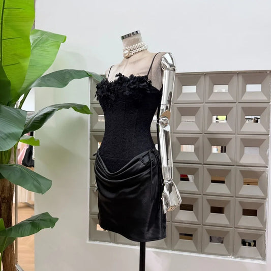 Black floral lace mini dress side view