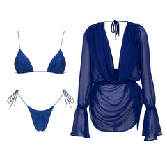 Blue Twisted Bandeau Bikini and Chiffon Cover up Set