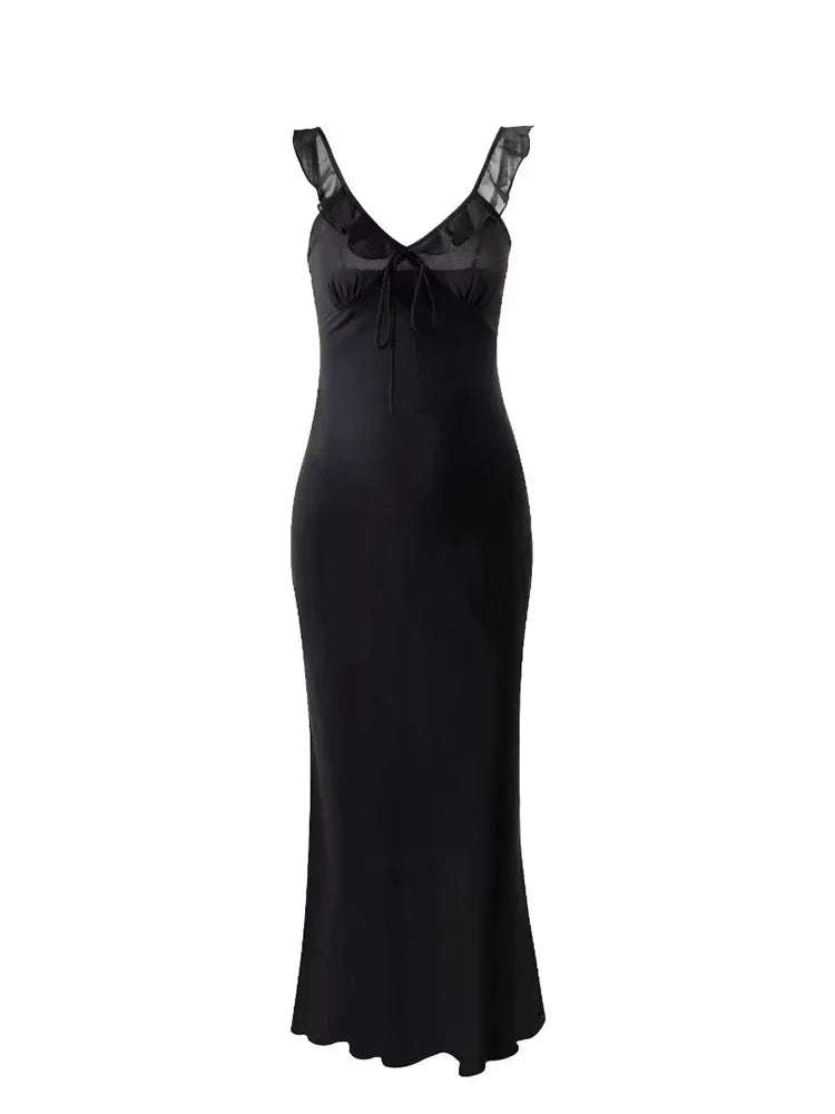 Black V-neck ruffled strap bow tie maxi dress