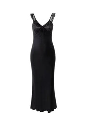 Black V-neck ruffled strap bow tie maxi dress