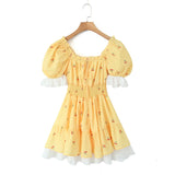 Women Print Puff Sleeve Ruffles Lace-up Mini Dress