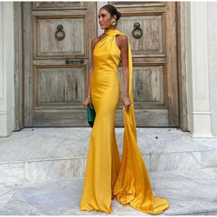 Yellow Satin Open Back Draped Bandage Maxi Dress Golden Atelier 3