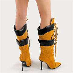 Pointed toe lace-up mid-calf boots with stiletto heel