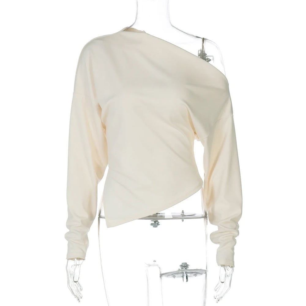 White long-sleeve top on a mannequin against a white background