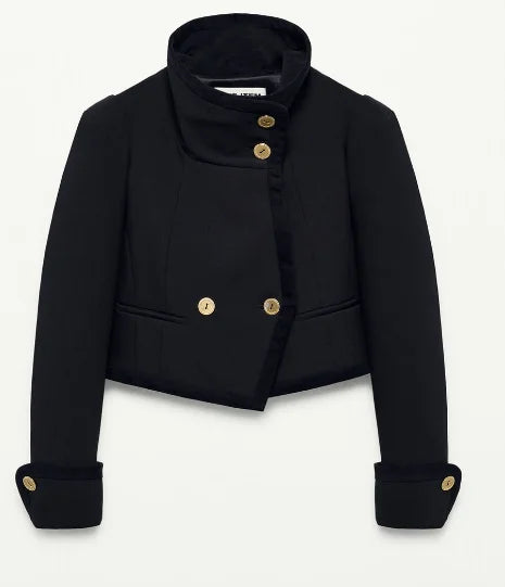 Black jacket with gold buttons on a white background