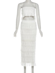 White Sheer Ruched Bandeau Top and Maxi Skirt Set