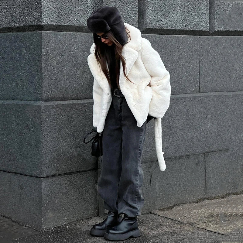 White Belted Thick Fluffy Plush Jacket