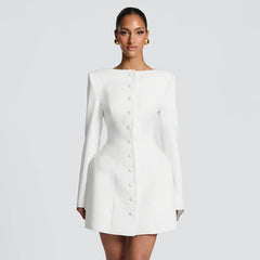 White button front structured blazer on white background