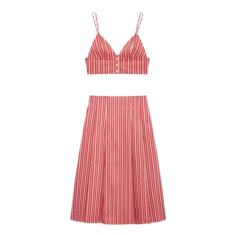 Red and white striped print V-neck crop top and matching A-line maxi skirt displayed separately.