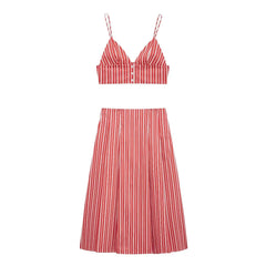 Red and white striped print V-neck crop top and matching A-line maxi skirt displayed separately.