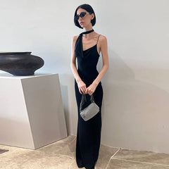 Cowl Neck Draped Scarf Spaghetti Strap Maxi Dress