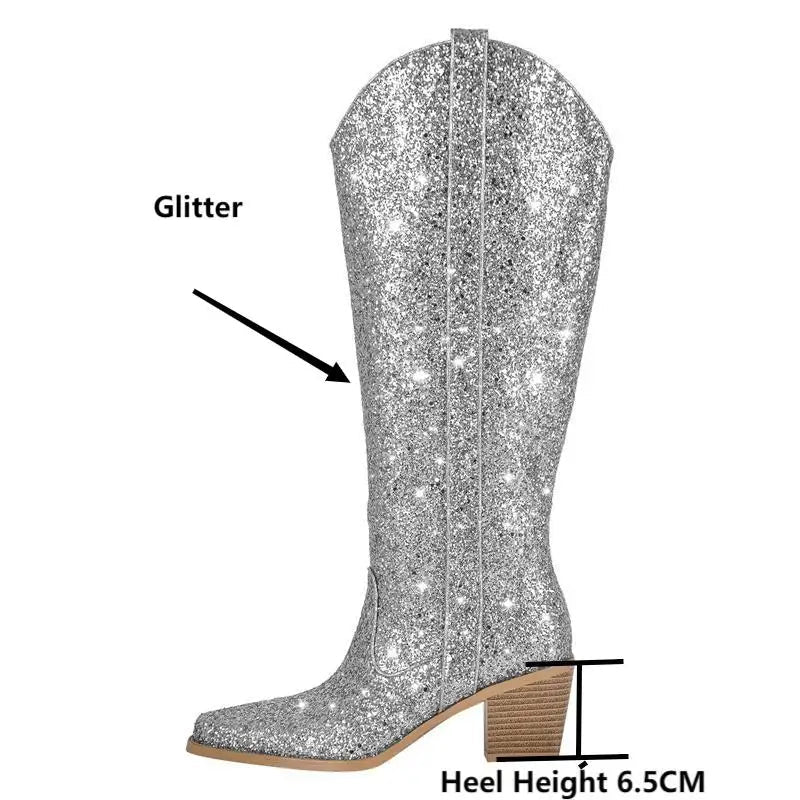 Glitter pointed toe block heel boots with heel height detail