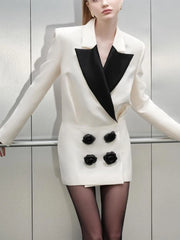 Women Flower Splicing Blazer White/Black Suit Outwear Outfits