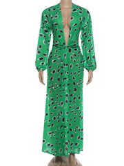 Green Abstract Print Deep Neck Dress