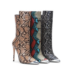 Snake Print Pointed Toe Stiletto Boots