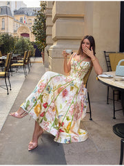 Strappy Corset Bustier Maxi Dress With Floral Motif