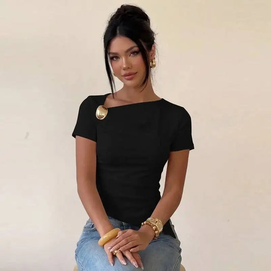 Black asymmetric neckline top with button detail and slim fit